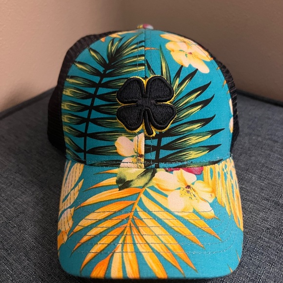 Black Clover Tropical Floral Trucker Hat with Clover Patch - Picture 1 of 5